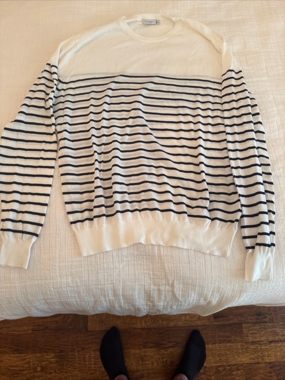 Suitsupply White and Navy Stripe Crew Sweater XXL